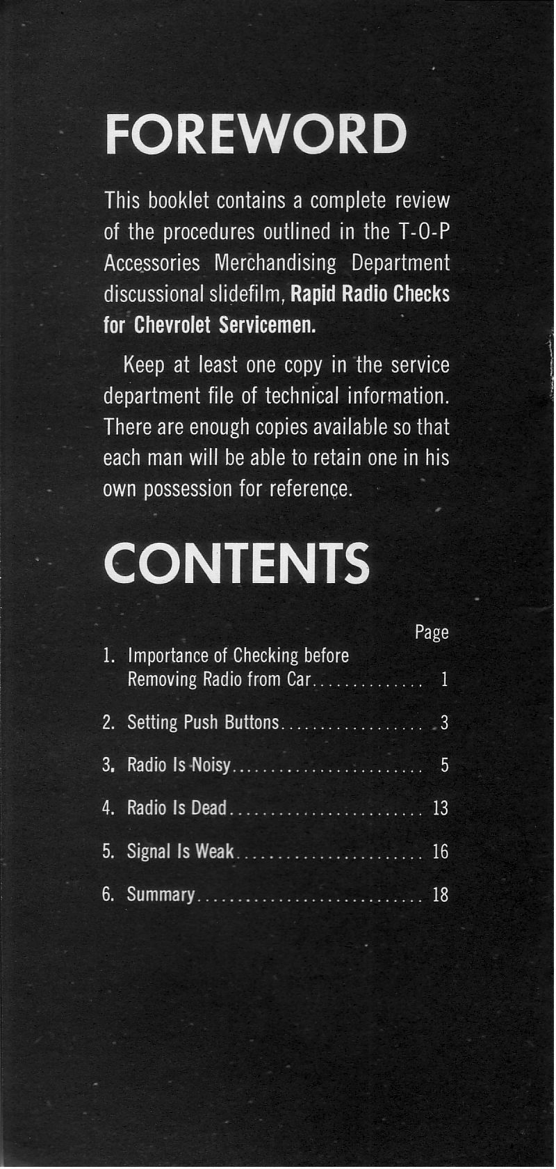 1959 Chevrolet Rapid Radio Checks Booklet Page 1